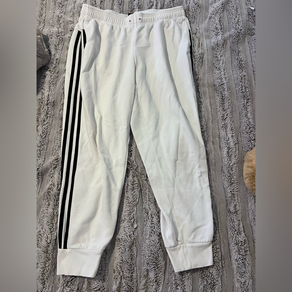 Women’s White Adidas Jogger Pants with Black Stripes
